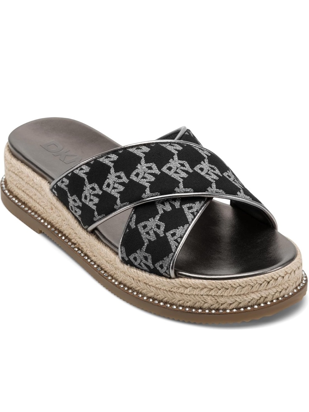 DKNY Black and Gold Logo Slide Sandals